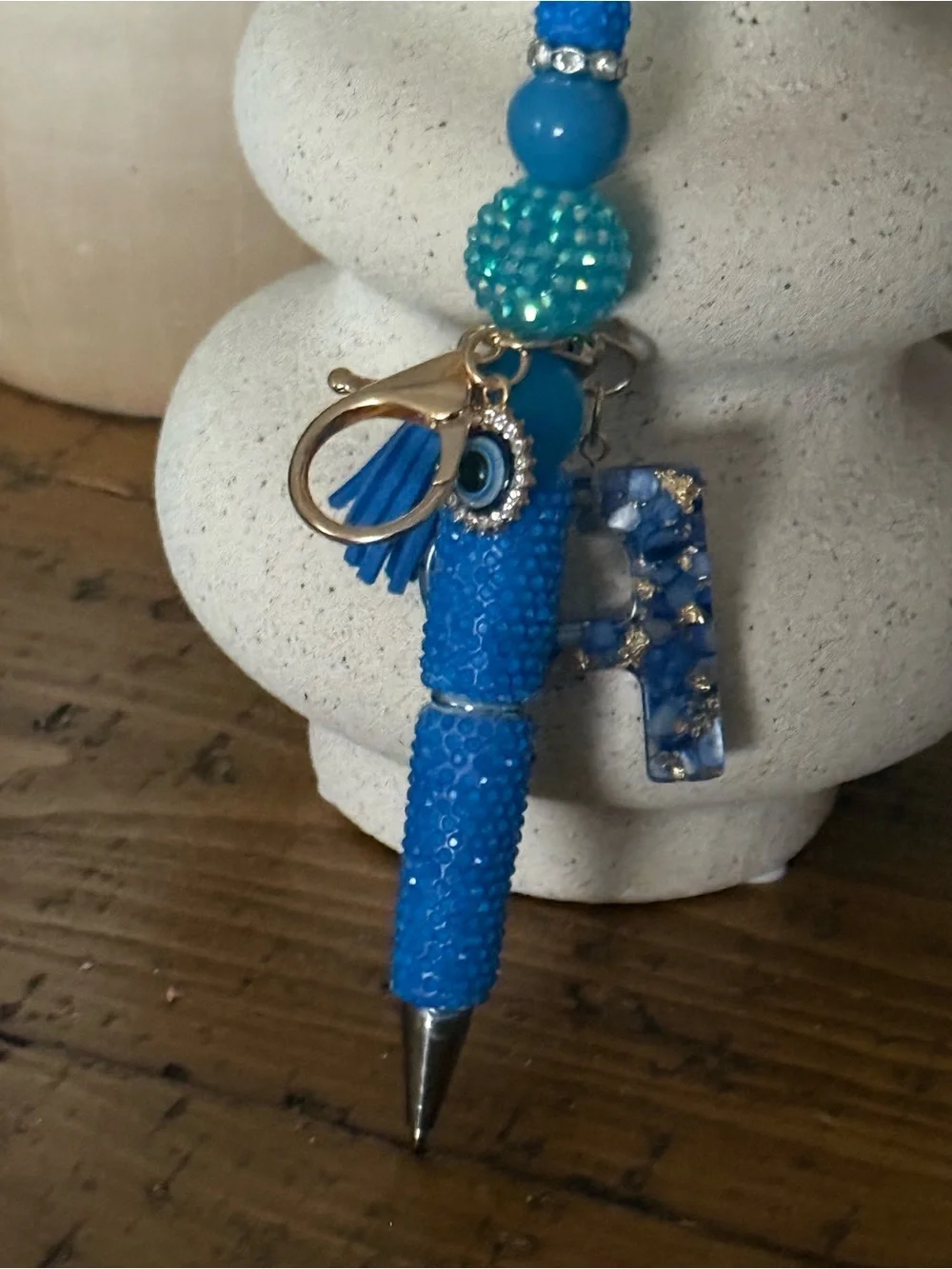 Blue Beaded Pen Key & Card Charm with Tassel